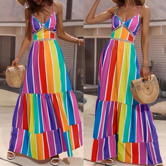 Boho colorful striped criss cross lace up Maxi dress - Picture 3 of 3
